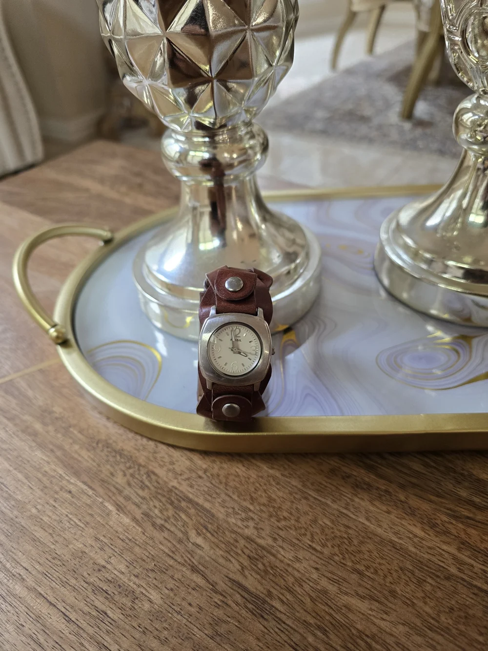 Fossil Brown Leather Cuff Watch with Silver Case and White Dial